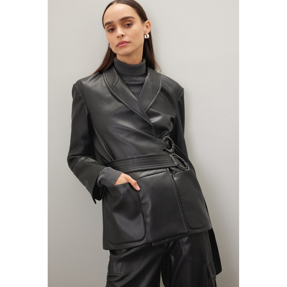 Eudon Choi Collection Blazer Black Faux Leather D-Ring Wrap Jacket Size 4